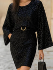 FJØRNA sequin knit bell-sleeve belted bodycon dress for women, featuring sparkly fabric and stylish bell sleeves.