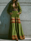 Olive green velvet boho maxi dress with striped hem by FJØRNA, flowing style perfect for casual or bohemian fashion.