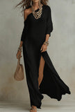FJØRNA solid color slant collar long sleeve maxi dress for women, showing the elegant neckline and flowing fabric.