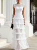 FJØRNA sheer mesh tiered ruffle maxi evening dress with long sleeves, elegant and flowy for formal occasions.