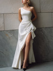 FJØRNA asymmetric draped one-shoulder satin gown with front slit, long sleeve satin maxi dress, elegant evening dress.