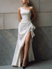 FJØRNA asymmetric draped one-shoulder satin gown with front slit, long sleeve satin maxi dress, elegant evening dress.