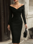 FJØRNA off-shoulder draped midi dress for women with sculpted waist and elegant flowy design, perfect for stylish occasions.