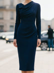Navy FJØRNA draped midi dress with elegant flowy fabric and stylish design, perfect for sophisticated occasions.
