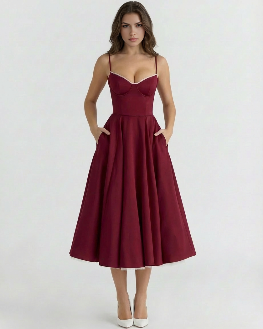 FJØRNA women's corset midi dress with a tulle skirt, featuring a fitted bodice and flowing layered tulle fabric.