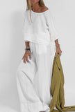 FJØRNA relaxed linen-texture two-piece set with wide-leg trousers, casual and comfortable fashion ensemble.