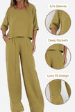 FJØRNA relaxed linen-texture two-piece set with wide-leg trousers, light and comfortable casual outfit for women.