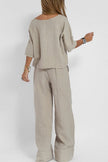 FJØRNA relaxed linen-texture two-piece set with wide-leg trousers, casual and comfortable clothing for women.