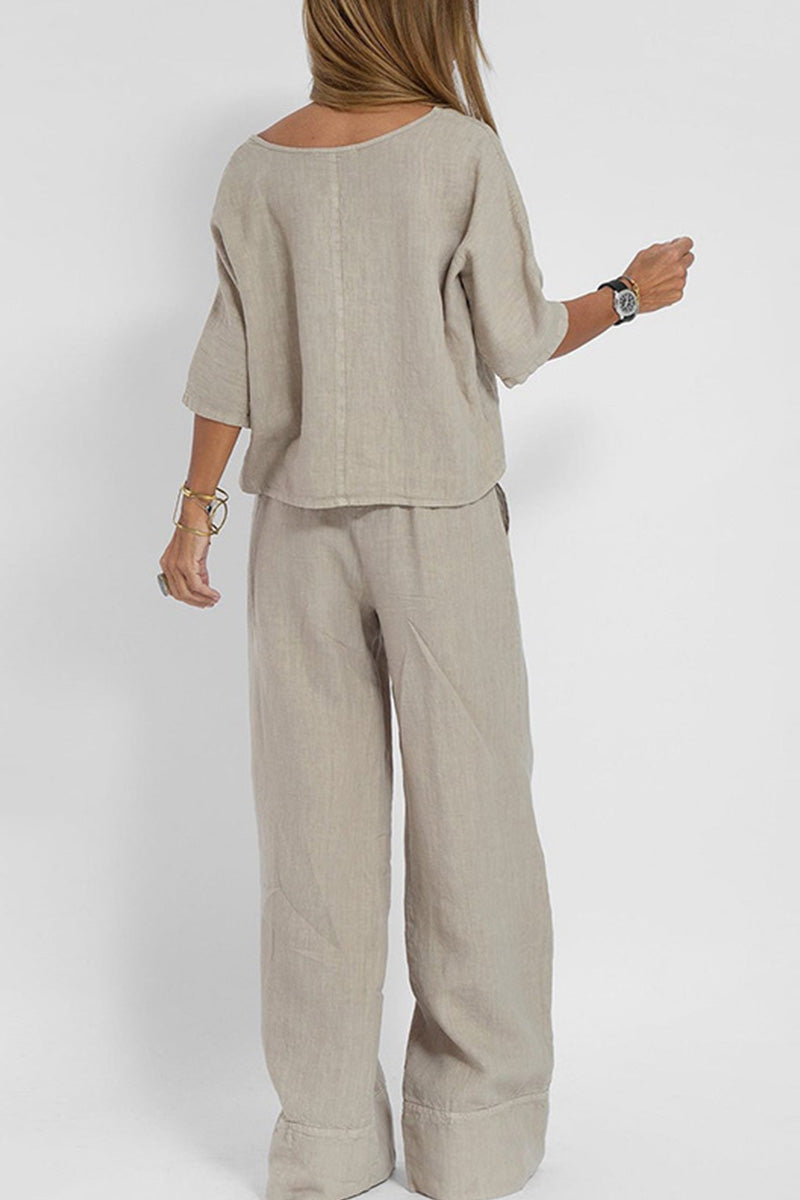 FJØRNA relaxed linen-texture two-piece set with wide-leg trousers, casual and comfortable clothing for women.