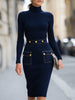 Navy ribbed knit dress by FJØRNA with gold-tone button denim pocket details, perfect for casual women’s fashion.