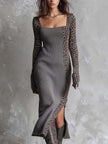 FJØRNA leopard print patchwork ribbed knit midi dress with long sleeves and fitted silhouette on a model.