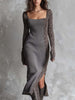 FJØRNA leopard print patchwork ribbed knit midi dress with long sleeves and fitted silhouette on a model.