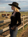 Black velvet lace long sleeve blouse for women, stylish FJØRNA blouse with intricate lace details and a sophisticated fit.
