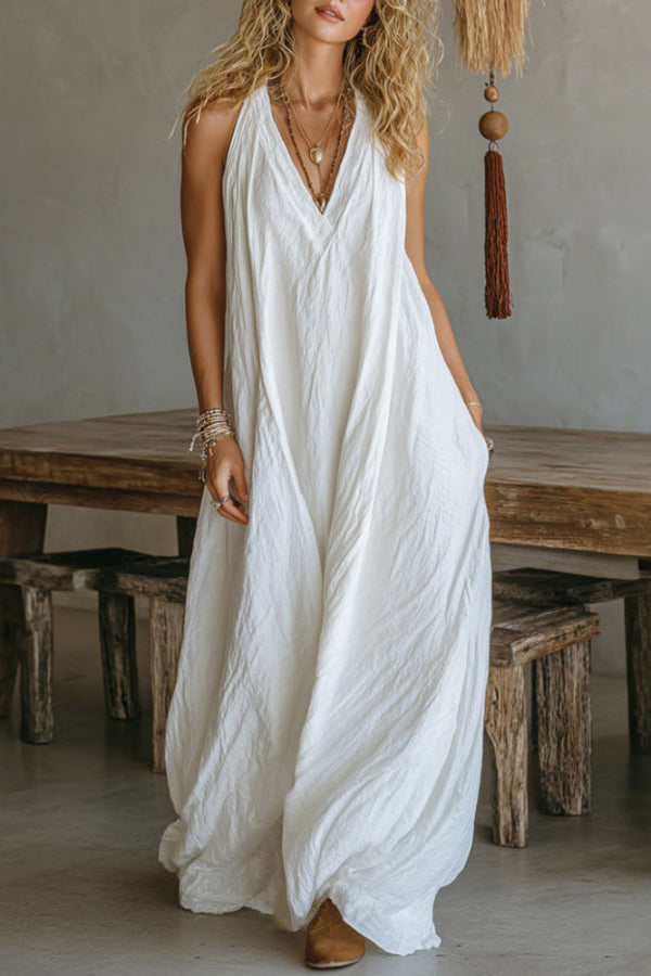 FJØRNA linen blend solid color sleeveless maxi dress with V-neck, pockets, casual loose fit, perfect for summer wear.