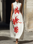FJØRNA modern mandarin collar floral maxi dress with artistic red lily print, featuring a flowy silhouette and vibrant flower design.