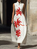 FJØRNA modern mandarin collar floral maxi dress with artistic red lily print, featuring a flowy silhouette and vibrant flower design.