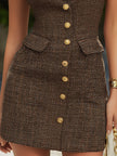 FJØRNA brown tweed sleeveless tailored mini dress with gold buttons, stylish and fitted for a chic look.