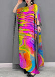 FJØRNA Grace Green O-Neck striped chiffon ankle dress with batwing sleeves, featuring a maxi length and green color.