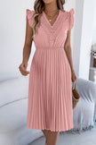 FJØRNA solid color V-neck sleeveless midi dress with lace trim and pleated design, casual and stylish for warm weather.