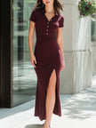 FJØRNA sophisticated collared button-front bodycon maxi dress with side slit, stylish and form-fitting for women.