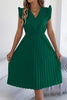 FJØRNA solid color V-neck sleeveless midi dress with lace trim and pleated skirt, casual and stylish for warm weather.