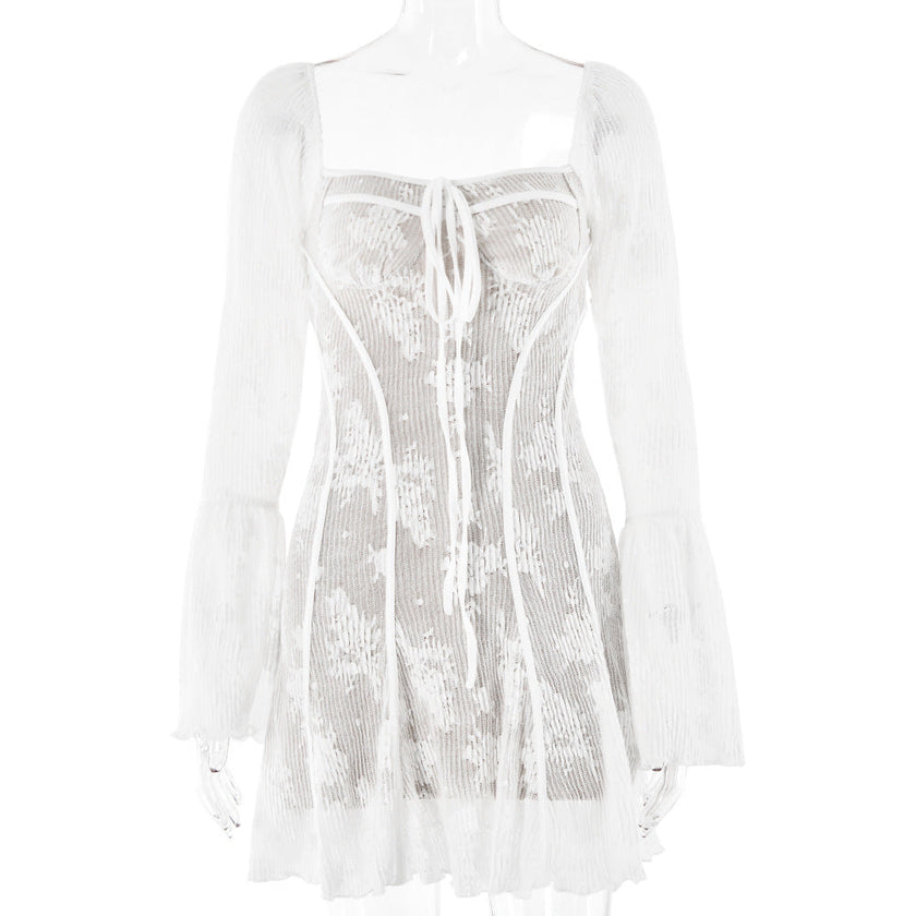 FJØRNA white lace sleeve mini dress, stylish and elegant, featuring intricate lace details and a fitted silhouette.
