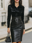 FJØRNA velvet and faux leather belted midi dress featuring a luxurious evening dress with a fitted silhouette and stylish details.