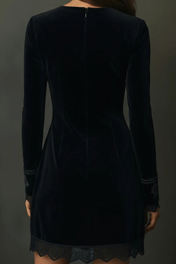 FJØRNA velvet V-neck long-sleeved mini dress with lace trim, stylish fashion dress perfect for elegant occasions