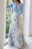 FJØRNA plant print V-neck long sleeve maxi dress with elegant stitching, flowing fabric, and floral pattern perfect for stylish occasions.