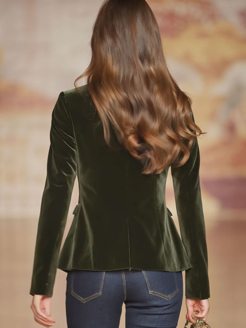 Dark green velvet blazer for women with gold button details, stylish FJØRNA jacket for elegant office or evening wear.