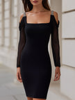FJØRNA embellished strap cold-shoulder sheer sleeve bodycon dress for women, fitted silhouette with decorative straps and sheer sleeves.