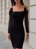 FJØRNA embellished strap cold-shoulder sheer sleeve bodycon dress for women, fitted silhouette with decorative straps and sheer sleeves.