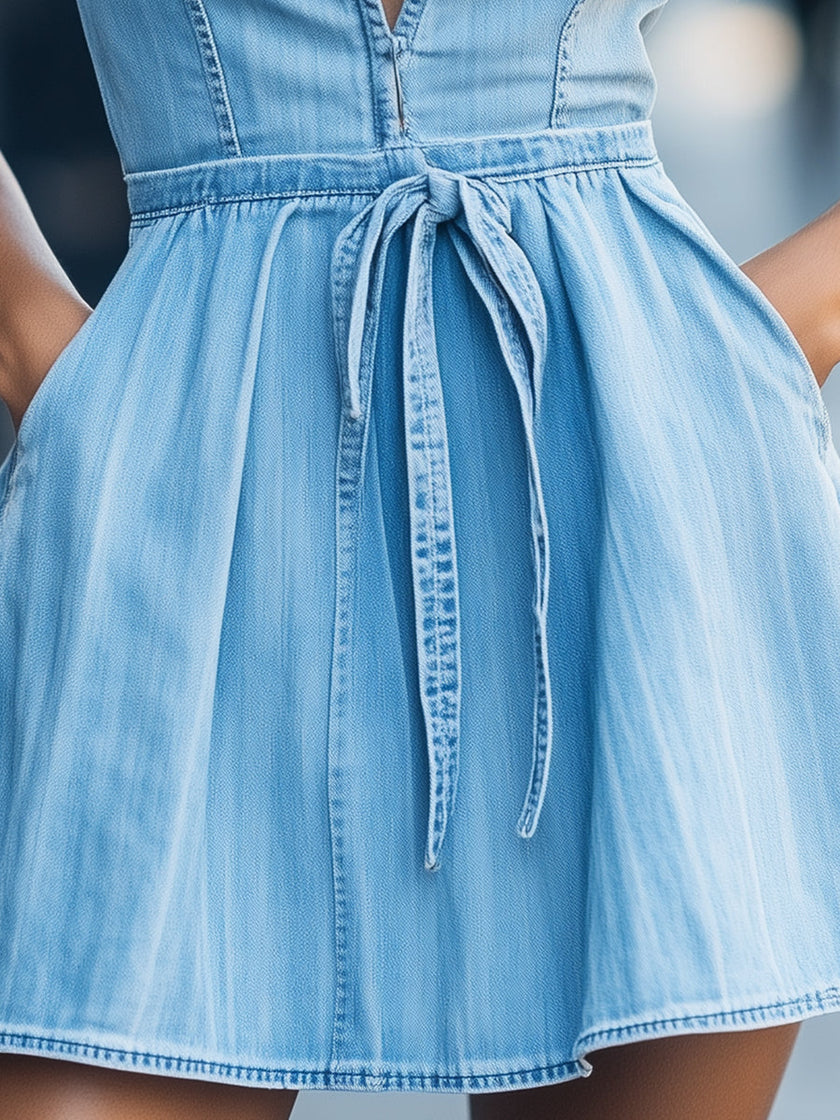 Light wash halter denim flare dress for women by FJØRNA, featuring a stylish blue denim design and flattering fit.