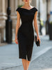 FJØRNA asymmetric draped cap sleeve midi dress, elegant and stylish, featuring a flowing silhouette and unique design details.