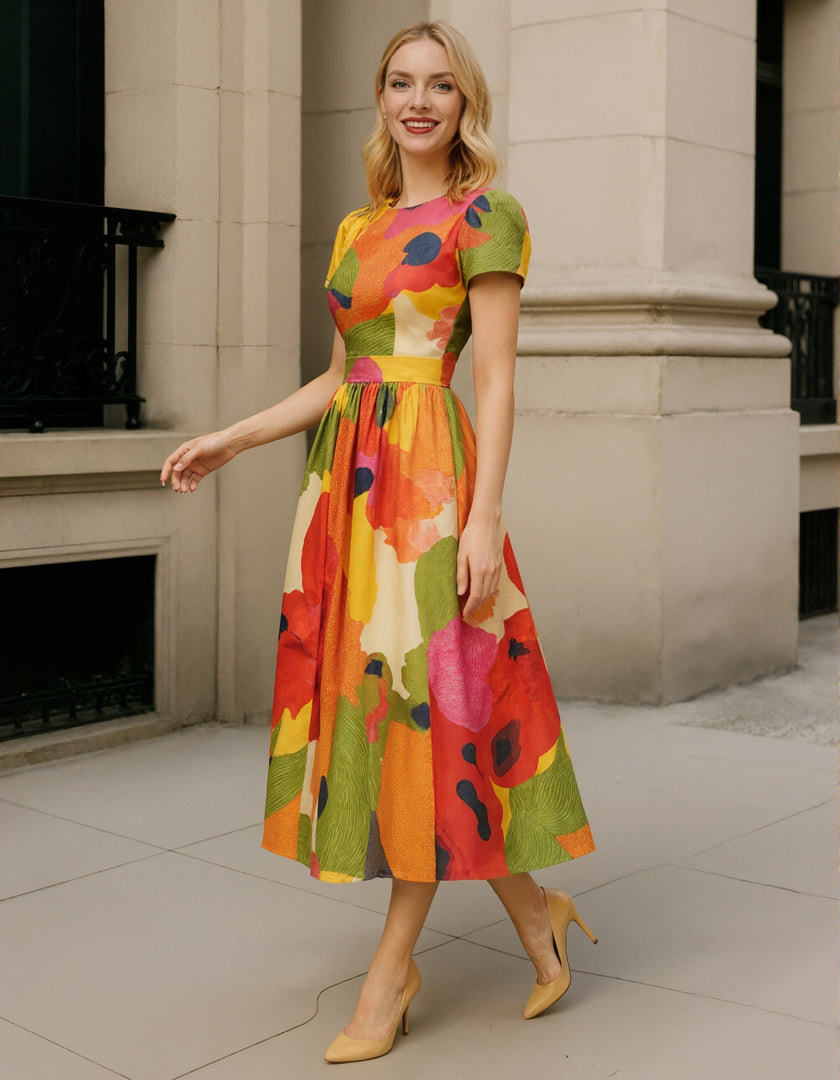 Red satin midi dress for women by FJØRNA, A-line design with pleats and puff sleeves, elegant and stylish for special occasions.