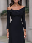 FJØRNA off-shoulder A-line midi dress with spaghetti straps, flowy fabric, perfect for elegant summer occasions.