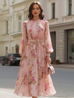 FJØRNA romantic blush floral chiffon midi dress with flowy fabric and delicate floral pattern, perfect for special occasions.