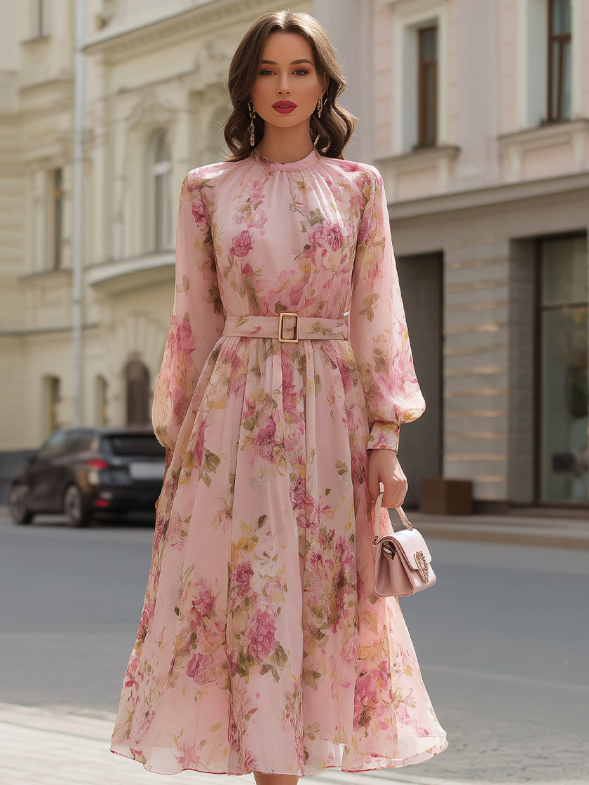 FJØRNA romantic blush floral chiffon midi dress with flowy fabric and delicate floral pattern, perfect for special occasions.
