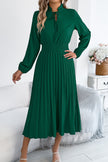 FJØRNA solid color long-sleeved fitted waist pleated midi dress, elegant and stylish for formal occasions.