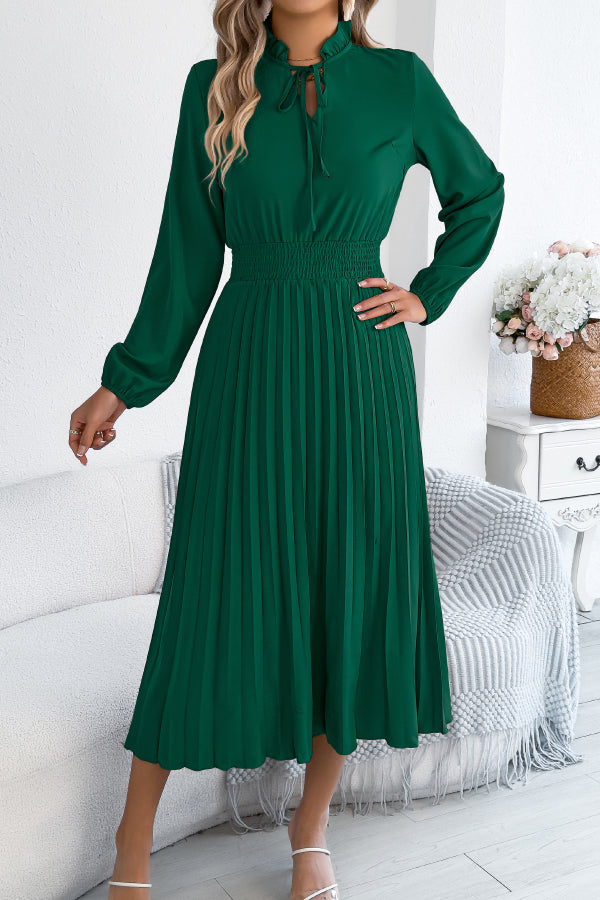 FJØRNA solid color long-sleeved fitted waist pleated midi dress, elegant and stylish for formal occasions.