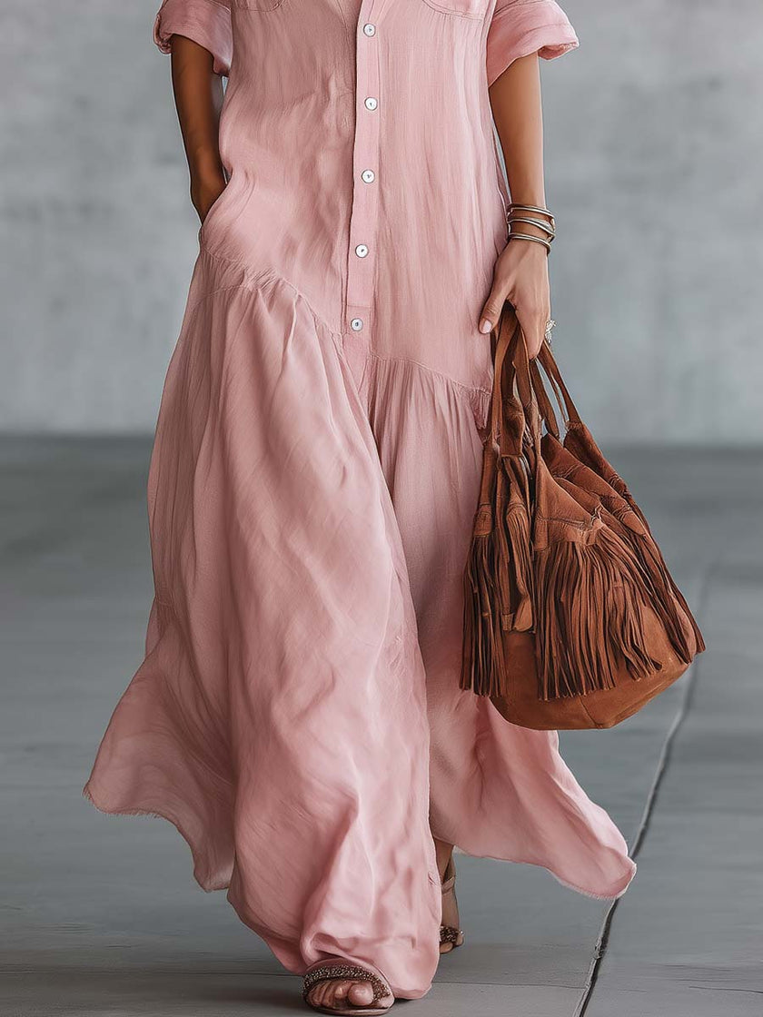 Pink Linen V-Neck Maxi Dress | Casual Dress