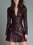 FJØRNA retro stand V-neck eco-leather mini dress, stylish sleeveless dress with a V neckline and vintage-inspired design.
