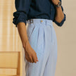Men's high waist tailored straight leg trousers by FJØRNA, shown in dark fabric with front pockets and a clean, fitted design.