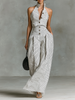 FJØRNA striped linen sleeveless women's jumpsuit with V-neck and single-breasted design, featuring lightweight, breathable fabric.