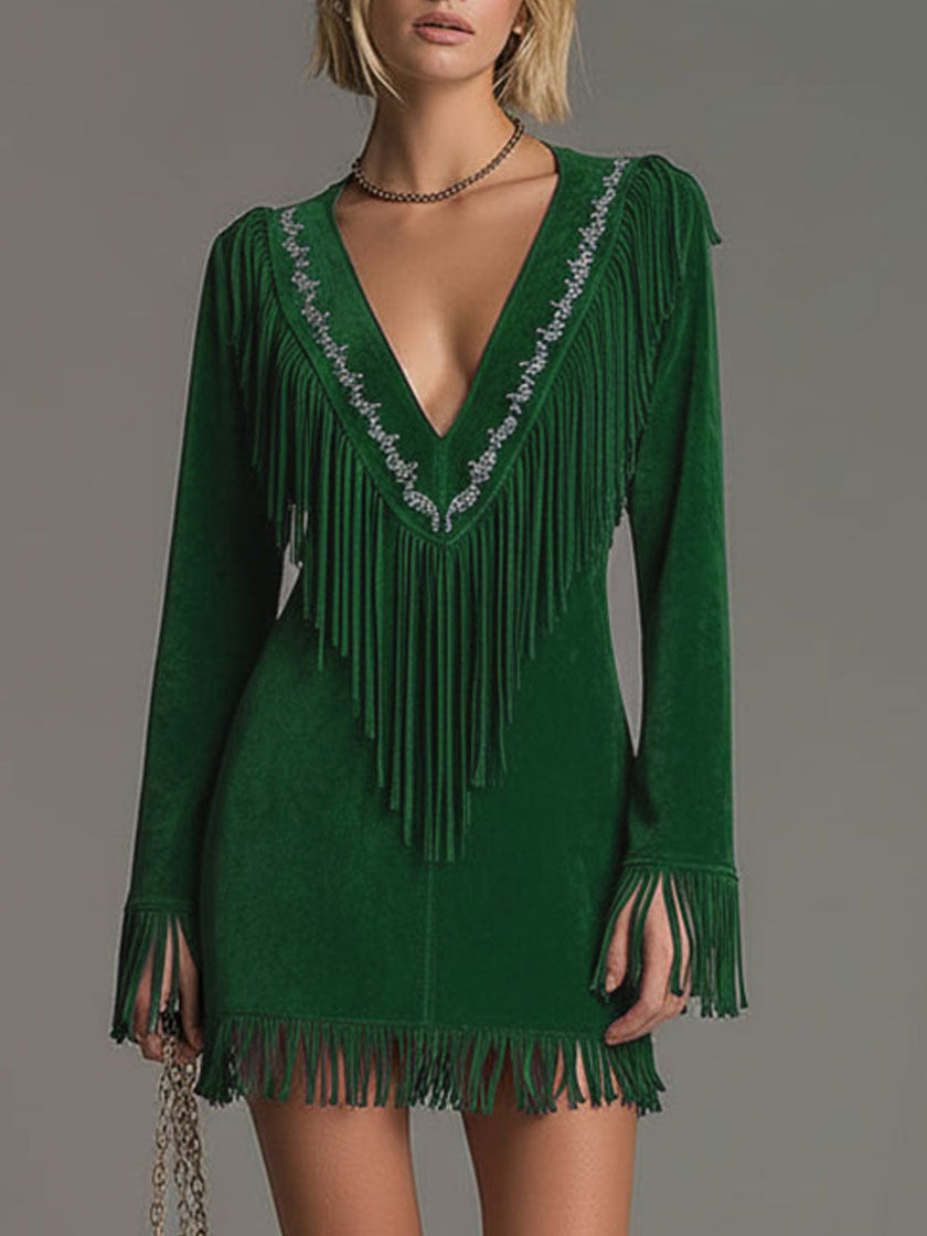 Red Faux Suede Tassel Mini Western Dress Western | Casual Dress