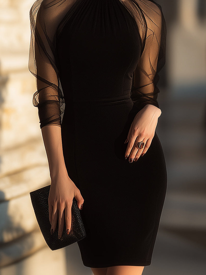 FJØRNA sheer-sleeve high-neck cocktail dress for women, elegant dress with sheer sleeves and a fitted high neckline.