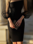FJØRNA sheer-sleeve high-neck cocktail dress for women, elegant black dress with translucent sleeves and fitted silhouette.