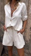FJØRNA Jamie lightweight shorts and top set, casual suits in soft fabric, displayed on a hanger.