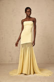 FJØRNA Josiane yellow off-shoulder sheer tulle maxi dress with flowing fabric and romantic design, perfect for elegant occasions.