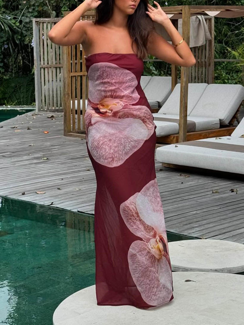 Elegant Phalaenopsis Print Wrap Women's Maxi Dress - Summer